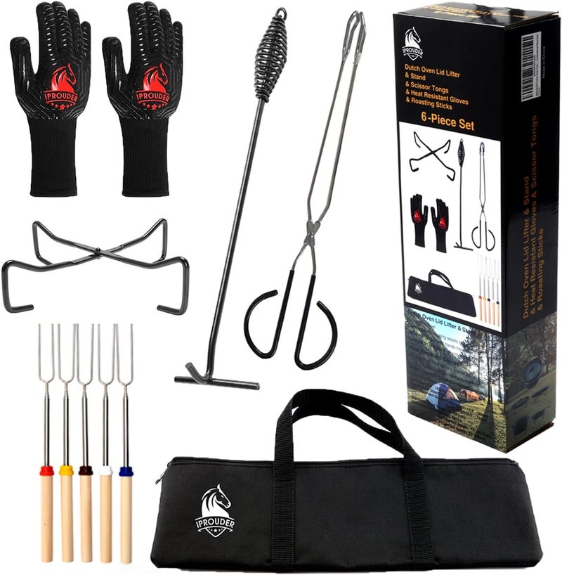 IPROUDER 6-in-1 Dutch Oven Camping Accessories Kit - Campfire Cooking Equipment with Marshmallow Roasting Sticks, Heat-Resistant Gloves, 16" Scissors Tongs, Lid Lifter & Lid Stand - Image 1